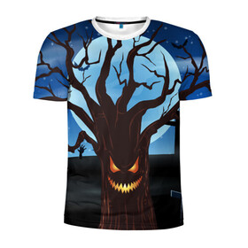Мужская футболка 3D спортивная с принтом Жуткое дерево на кладбище в Санкт-Петербурге, 100% полиэстер с улучшенными характеристиками | приталенный силуэт, круглая горловина, широкие плечи, сужается к линии бедра | 2020 | evil | halloween | tree | ветви | дерево | дуб | зло | кладбище | луна | монстр | ночь | полночь | страшный | ужасающий | хэллоуин | хэлоуин