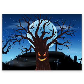 Поздравительная открытка с принтом Жуткое дерево на кладбище в Санкт-Петербурге, 100% бумага | плотность бумаги 280 г/м2, матовая, на обратной стороне линовка и место для марки
 | 2020 | evil | halloween | tree | ветви | дерево | дуб | зло | кладбище | луна | монстр | ночь | полночь | страшный | ужасающий | хэллоуин | хэлоуин