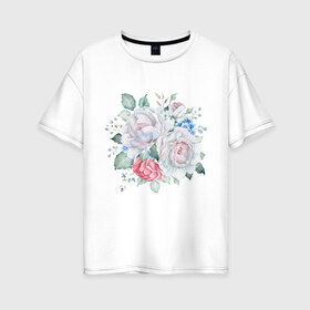 Женская футболка хлопок Oversize с принтом Букет белые розы в Санкт-Петербурге, 100% хлопок | свободный крой, круглый ворот, спущенный рукав, длина до линии бедер
 | белые розы | букет | лето | нежность | цветы