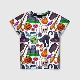 Детская футболка 3D с принтом HALLOWEEN в Санкт-Петербурге, 100% гипоаллергенный полиэфир | прямой крой, круглый вырез горловины, длина до линии бедер, чуть спущенное плечо, ткань немного тянется | halloween | праздник хэллоуин | страшный | тыква. | ужас | хэллоуин | хэллоуин 2020