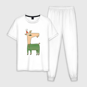 Мужская пижама хлопок с принтом Рождественская Лама в Санкт-Петербурге, 100% хлопок | брюки и футболка прямого кроя, без карманов, на брюках мягкая резинка на поясе и по низу штанин
 | 