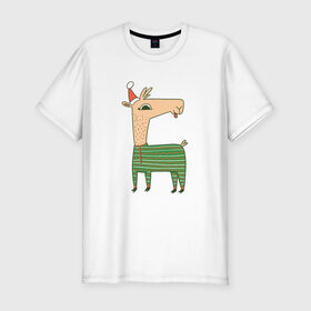 Мужская футболка хлопок Slim с принтом Рождественская Лама в Санкт-Петербурге, 92% хлопок, 8% лайкра | приталенный силуэт, круглый вырез ворота, длина до линии бедра, короткий рукав | 