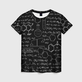 Женская футболка 3D с принтом Химические Формулы в Санкт-Петербурге, 100% полиэфир ( синтетическое хлопкоподобное полотно) | прямой крой, круглый вырез горловины, длина до линии бедер | атом | буквы | молекула | подарок | учителю | физика | формулы | химичке | химия | цифры