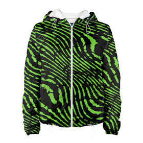 Женская куртка 3D с принтом Зебра в Санкт-Петербурге, ткань верха — 100% полиэстер, подклад — флис | прямой крой, подол и капюшон оформлены резинкой с фиксаторами, два кармана без застежек по бокам, один большой потайной карман на груди. Карман на груди застегивается на липучку | green | green lines | green neon | green neon lines | green zebra | lines | zebra | в полоску | зебра | зеленая зебра | зелёные полосы | зелёный | зелёный неон | полоски | полосы