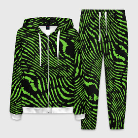 Мужской костюм 3D с принтом Зебра в Санкт-Петербурге, 100% полиэстер | Манжеты и пояс оформлены тканевой резинкой, двухслойный капюшон со шнурком для регулировки, карманы спереди | green | green lines | green neon | green neon lines | green zebra | lines | zebra | в полоску | зебра | зеленая зебра | зелёные полосы | зелёный | зелёный неон | полоски | полосы