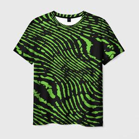 Мужская футболка 3D с принтом Зебра в Санкт-Петербурге, 100% полиэфир | прямой крой, круглый вырез горловины, длина до линии бедер | Тематика изображения на принте: green | green lines | green neon | green neon lines | green zebra | lines | zebra | в полоску | зебра | зеленая зебра | зелёные полосы | зелёный | зелёный неон | полоски | полосы