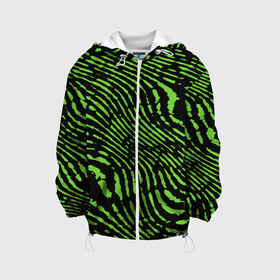 Детская куртка 3D с принтом Зебра в Санкт-Петербурге, 100% полиэстер | застежка — молния, подол и капюшон оформлены резинкой с фиксаторами, по бокам — два кармана без застежек, один потайной карман на груди, плотность верхнего слоя — 90 г/м2; плотность флисового подклада — 260 г/м2 | green | green lines | green neon | green neon lines | green zebra | lines | zebra | в полоску | зебра | зеленая зебра | зелёные полосы | зелёный | зелёный неон | полоски | полосы