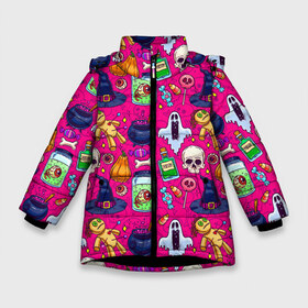 Зимняя куртка для девочек 3D с принтом HALLOWEEN в Санкт-Петербурге, ткань верха — 100% полиэстер; подклад — 100% полиэстер, утеплитель — 100% полиэстер. | длина ниже бедра, удлиненная спинка, воротник стойка и отстегивающийся капюшон. Есть боковые карманы с листочкой на кнопках, утяжки по низу изделия и внутренний карман на молнии. 

Предусмотрены светоотражающий принт на спинке, радужный светоотражающий элемент на пуллере молнии и на резинке для утяжки. | halloween | праздник хэллоуин | страшный | тыква. | ужас | хэллоуин | хэллоуин 2020
