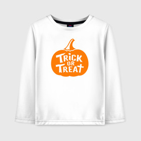 Детский лонгслив хлопок с принтом Trick or Treat в Санкт-Петербурге, 100% хлопок | круглый вырез горловины, полуприлегающий силуэт, длина до линии бедер | Тематика изображения на принте: 31 октября | halloween | halowen | ведьма | день всех святых | джек | костюм | кровь | лого | монстр | надпись | праздник | приведение | призрак | светильник | символ | страшная | тыква | ужасы | хеллоуин | хеллуин