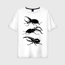 Женская футболка хлопок Oversize с принтом Черные Жуки в Санкт-Петербурге, 100% хлопок | свободный крой, круглый ворот, спущенный рукав, длина до линии бедер
 | белое | графика | жуки | насекомые | черно белое | черное