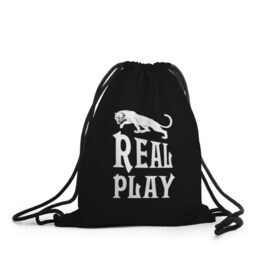 Рюкзак-мешок 3D с принтом Real Play - черная пантера в Санкт-Петербурге, 100% полиэстер | плотность ткани — 200 г/м2, размер — 35 х 45 см; лямки — толстые шнурки, застежка на шнуровке, без карманов и подкладки | real play | большие кошки | игра | кошки | надпись | пантера