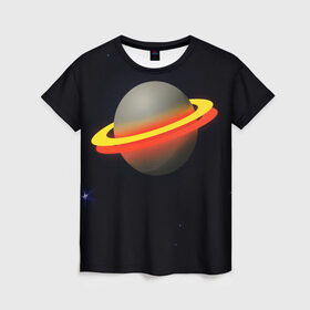 Женская футболка 3D с принтом Стальная планета в Санкт-Петербурге, 100% полиэфир ( синтетическое хлопкоподобное полотно) | прямой крой, круглый вырез горловины, длина до линии бедер | абстракция | космос | неон | оранжевый цвет | планета