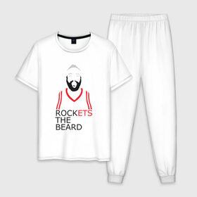 Мужская пижама хлопок с принтом Rockets The Beard в Санкт-Петербурге, 100% хлопок | брюки и футболка прямого кроя, без карманов, на брюках мягкая резинка на поясе и по низу штанин
 | basketball | beard | game | harden | houston | james | nba | rockets | sport | баскетбол | борода | джеймс | нба | рокетс | спорт | тренер | харден | хьюстон | чемпион