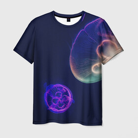 Мужская футболка 3D с принтом Фантастическая медуза в Санкт-Петербурге, 100% полиэфир | прямой крой, круглый вырез горловины, длина до линии бедер | Тематика изображения на принте: медуза | медуза в море | морская медуза | плавающая медуза | светящаяся медуза