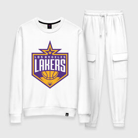 Женский костюм хлопок с принтом Los Angeles Lakers в Санкт-Петербурге, 100% хлопок | на свитшоте круглая горловина, мягкая резинка по низу. Брюки заужены к низу, на них два вида карманов: два 