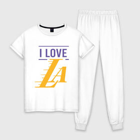 Женская пижама хлопок с принтом I Love Lakers в Санкт-Петербурге, 100% хлопок | брюки и футболка прямого кроя, без карманов, на брюках мягкая резинка на поясе и по низу штанин | 23 | anthony davis | basketball | bryant | game | james | kobe | lebron | los angeles | nba | sport | баскетбол | брайант | бровь | джеймс | калифорния | коби | король | леброн | лейкерс | лос анджелес | нба | спорт | тренер | чемпио
