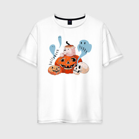 Женская футболка хлопок Oversize с принтом Mishka phantoms and pumpkins в Санкт-Петербурге, 100% хлопок | свободный крой, круглый ворот, спущенный рукав, длина до линии бедер
 | bear | halloween | hallowen | halowen | helloween | mishka | phantom | phantoms | pumpkin | pumpkins | день всех святых | медведь | медвежонок | мишка | приведение | тыква | тыквы | фантомы | халовен | халовин | хеллуин