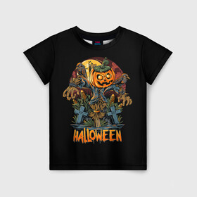 Детская футболка 3D с принтом Хэллоуин в Санкт-Петербурге, 100% гипоаллергенный полиэфир | прямой крой, круглый вырез горловины, длина до линии бедер, чуть спущенное плечо, ткань немного тянется | Тематика изображения на принте: diy | ghost | halloween | horror | makeup | scary | skull clown | trick or treat | вампир | ведьма | кошка | луна | магия | ночь | тыква | хэллоуин