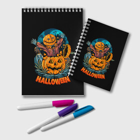 Блокнот с принтом Happy Halloween в Санкт-Петербурге, 100% бумага | 48 листов, плотность листов — 60 г/м2, плотность картонной обложки — 250 г/м2. Листы скреплены удобной пружинной спиралью. Цвет линий — светло-серый
 | Тематика изображения на принте: diy | ghost | halloween | horror | makeup | scary | skull clown | trick or treat | вампир | ведьма | кошка | луна | магия | ночь | тыква | хэллоуин