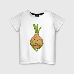 Детская футболка хлопок с принтом Хитрый лук в Санкт-Петербурге, 100% хлопок | круглый вырез горловины, полуприлегающий силуэт, длина до линии бедер | арт | зелёный | лук | луковица | овощ | рисунок | хитрец | хитрый