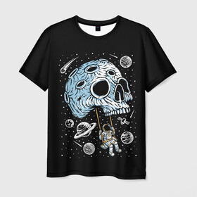 Мужская футболка 3D с принтом Skull Space в Санкт-Петербурге, 100% полиэфир | прямой крой, круглый вырез горловины, длина до линии бедер | art | asteroid | astronaut | meteorite | planets | satellite | skull | space | stars | арт | астероид | звезды | космонавт | космос | метеорит | планеты | спутник | череп