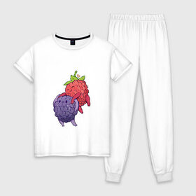Женская пижама хлопок с принтом Смородинки в Санкт-Петербурге, 100% хлопок | брюки и футболка прямого кроя, без карманов, на брюках мягкая резинка на поясе и по низу штанин | арт | красная смородина | мило | милота | рисунок | свежая ягода | свежие ягоды | свежий продукт | смородина | чёрная смородина | ягода | ягоды