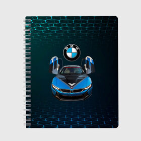 Тетрадь с принтом BMW i8 Turbo тюнинговая в Санкт-Петербурге, 100% бумага | 48 листов, плотность листов — 60 г/м2, плотность картонной обложки — 250 г/м2. Листы скреплены сбоку удобной пружинной спиралью. Уголки страниц и обложки скругленные. Цвет линий — светло-серый
 | Тематика изображения на принте: bmw | bmw performance | bmw тюнинговая | i8 | i8 turbo | m | motorsport | performance | бмв | моторспорт | тюнинг