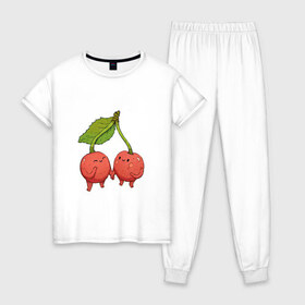 Женская пижама хлопок с принтом Сестрички-вишни в Санкт-Петербурге, 100% хлопок | брюки и футболка прямого кроя, без карманов, на брюках мягкая резинка на поясе и по низу штанин | арт | вишенка | вишенки | вишня | мило | милота | рисунок | свежий продукт | свежий ягода | ягода