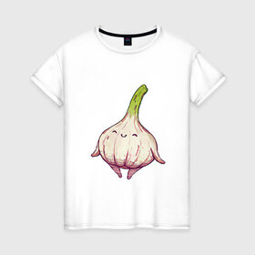 Женская футболка хлопок с принтом Милый чеснок в Санкт-Петербурге, 100% хлопок | прямой крой, круглый вырез горловины, длина до линии бедер, слегка спущенное плечо | арт | мило | милота | овощ | овощи | рисунок | свежие овощи | свежий овощ | свежий продукт | чеснок