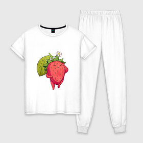 Женская пижама хлопок с принтом Довольная клубника в Санкт-Петербурге, 100% хлопок | брюки и футболка прямого кроя, без карманов, на брюках мягкая резинка на поясе и по низу штанин | арт | белый цветок | белый цветочек | клубника | мило | милота | рисунок | свежая ягода | свежие ягоды | свежий продукт | цветок | цветочек | ягода | ягоды