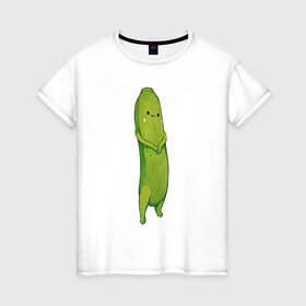 Женская футболка хлопок с принтом Огурец в Санкт-Петербурге, 100% хлопок | прямой крой, круглый вырез горловины, длина до линии бедер, слегка спущенное плечо | арт | мило | милота | овощ | овощи | огурец | рисунок | свежие овощи | свежий овощ | свежий продукт