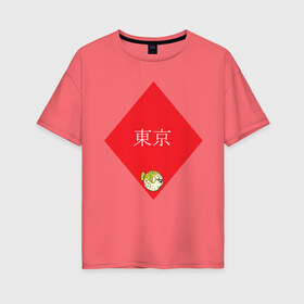 Женская футболка хлопок Oversize с принтом Японская фугу в Санкт-Петербурге, 100% хлопок | свободный крой, круглый ворот, спущенный рукав, длина до линии бедер
 | надпись | ромб | рыба | токио | фугу | японское