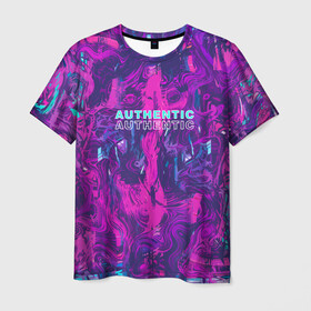 Мужская футболка 3D с принтом AUTHENTIC в Санкт-Петербурге, 100% полиэфир | прямой крой, круглый вырез горловины, длина до линии бедер | abstraction | authentic | абстракция | аутентичный | брызги | надпись на английском | прикольная надпись | разводы | текстура | узор | фиолетовый