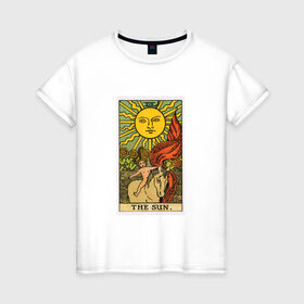 Женская футболка хлопок с принтом Аркан Солнце в Санкт-Петербурге, 100% хлопок | прямой крой, круглый вырез горловины, длина до линии бедер, слегка спущенное плечо | аркан | духовность | знания | мистика | оккультныезнаки | символы | солнце | старший | тайные | таро | эзотерика