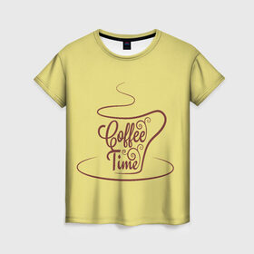 Женская футболка 3D с принтом Время пить кофе в Санкт-Петербурге, 100% полиэфир ( синтетическое хлопкоподобное полотно) | прямой крой, круглый вырез горловины, длина до линии бедер | время кофе | кофе | кофейная тема | кофейное настроение | настроение. | позитив | узоры