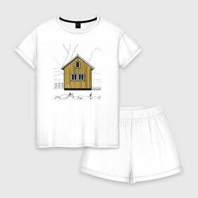 Женская пижама с шортиками хлопок с принтом Яркий домик Исландии в Санкт-Петербурге, 100% хлопок | футболка прямого кроя, шорты свободные с широкой мягкой резинкой | дерево | дом | желтый | зима | исландия | остров | природа