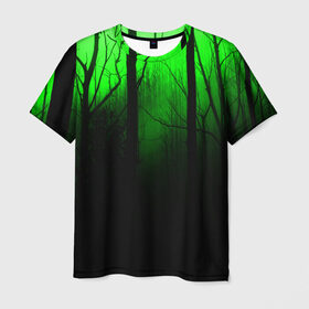 Мужская футболка 3D с принтом G-loomy в Санкт-Петербурге, 100% полиэфир | прямой крой, круглый вырез горловины, длина до линии бедер | Тематика изображения на принте: fog | forest | gloomy | green fog | night | radiation | trees | деревья | зеленый туман | лес | мрачный | ночь | радиация | туман