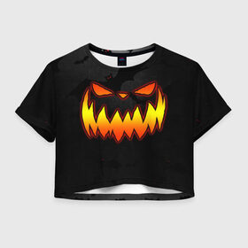 Женская футболка Crop-top 3D с принтом Pumpkin smile and bats в Санкт-Петербурге, 100% полиэстер | круглая горловина, длина футболки до линии талии, рукава с отворотами | 2020 | bat | bats | face | halloween | mask | nightmare | pumpkin | scary | smile | smiling | летучая | лицо | маска | мыши | мышь | привидение | страшная | тыква | улыбка | хэлоуин