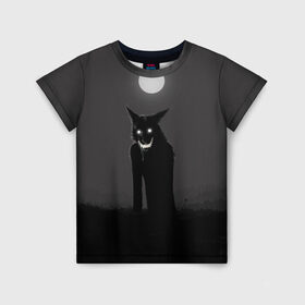 Детская футболка 3D с принтом ОБОРОТЕНЬ в Санкт-Петербурге, 100% гипоаллергенный полиэфир | прямой крой, круглый вырез горловины, длина до линии бедер, чуть спущенное плечо, ткань немного тянется | волк | луна | необычно | оборотень | оскал | полнолуние | прикольно | страшно | хэллоуин