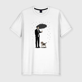 Мужская футболка хлопок Slim с принтом Под дождем в Санкт-Петербурге, 92% хлопок, 8% лайкра | приталенный силуэт, круглый вырез ворота, длина до линии бедра, короткий рукав | beagle | бигль | джон уикместь | дождь | забота | защита животных | зонт | киану ривз | охрана | собака