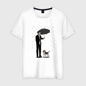 Мужская футболка хлопок с принтом Под дождем в Санкт-Петербурге, 100% хлопок | прямой крой, круглый вырез горловины, длина до линии бедер, слегка спущенное плечо. | Тематика изображения на принте: beagle | бигль | джон уикместь | дождь | забота | защита животных | зонт | киану ривз | охрана | собака