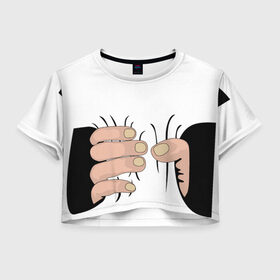 Женская футболка Crop-top 3D с принтом Hand в Санкт-Петербурге, 100% полиэстер | круглая горловина, длина футболки до линии талии, рукава с отворотами | hand | иллюстрация | обхват | прикол | руки | сжал | сжатие | юмор