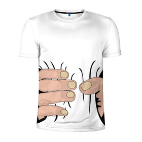 Мужская футболка 3D спортивная с принтом Hand в Санкт-Петербурге, 100% полиэстер с улучшенными характеристиками | приталенный силуэт, круглая горловина, широкие плечи, сужается к линии бедра | hand | иллюстрация | обхват | прикол | руки | сжал | сжатие | юмор