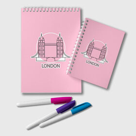Блокнот с принтом Лондон London Tower bridge в Санкт-Петербурге, 100% бумага | 48 листов, плотность листов — 60 г/м2, плотность картонной обложки — 250 г/м2. Листы скреплены удобной пружинной спиралью. Цвет линий — светло-серый
 | bridge | england | english | gb | london | tower | uk | английский | англия | башни | великобритания | закат | иконка | лайнарт | лондон | мост | надпись | розовый круг | слово | тауэрский | юк