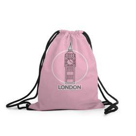Рюкзак-мешок 3D с принтом Биг Бен, Лондон, London в Санкт-Петербурге, 100% полиэстер | плотность ткани — 200 г/м2, размер — 35 х 45 см; лямки — толстые шнурки, застежка на шнуровке, без карманов и подкладки | big ben | clock | england | europe | london | pink | travel | англия | башня | башня елизаветы | биг бен | великобритания | европа | иконка | круг | лондон | надпись | путешествия | розовый | символ | часы