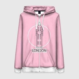 Женская толстовка 3D на молнии с принтом Биг Бен, Лондон, London в Санкт-Петербурге, 100% полиэстер | длина до линии бедра, манжеты и пояс оформлены мягкой тканевой резинкой, двухслойный капюшон со шнурком для регулировки, спереди молния, по бокам два кармана | big ben | clock | england | europe | london | pink | travel | англия | башня | башня елизаветы | биг бен | великобритания | европа | иконка | круг | лондон | надпись | путешествия | розовый | символ | часы