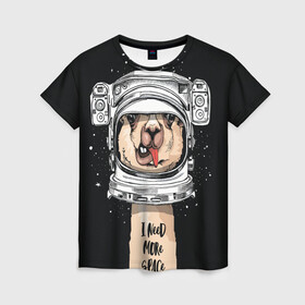 Женская футболка 3D с принтом Космическая Лама в Санкт-Петербурге, 100% полиэфир ( синтетическое хлопкоподобное полотно) | прямой крой, круглый вырез горловины, длина до линии бедер | gagarin | гагарин | день космонавтики | жираф | звездная пыль | звезды | земля | космонавт | космос | лама | луна | скафандр | шея | юрий