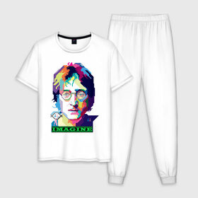 Мужская пижама хлопок с принтом John Lennon Imagine в Санкт-Петербурге, 100% хлопок | брюки и футболка прямого кроя, без карманов, на брюках мягкая резинка на поясе и по низу штанин
 | Тематика изображения на принте: beatles | imagine | john | lennon | the beatles | битлз | битлы | группа | джон | купить | леннон | леннона | очки | рок н ролл | с группы | хиппи