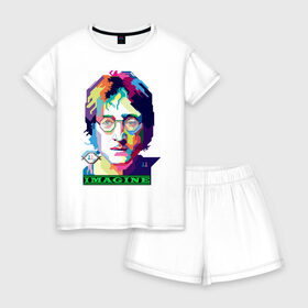 Женская пижама с шортиками хлопок с принтом John Lennon Imagine в Санкт-Петербурге, 100% хлопок | футболка прямого кроя, шорты свободные с широкой мягкой резинкой | beatles | imagine | john | lennon | the beatles | битлз | битлы | группа | джон | купить | леннон | леннона | очки | рок н ролл | с группы | хиппи