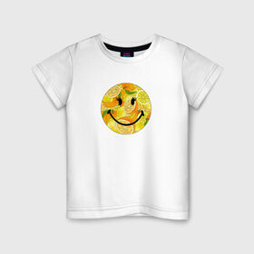 Детская футболка хлопок с принтом Смайлик с цитрусами в Санкт-Петербурге, 100% хлопок | круглый вырез горловины, полуприлегающий силуэт, длина до линии бедер | Тематика изображения на принте: апельсин | апельсинки | весёлый | детский | жара | желтый | женский | зелёный | лаймы | летний | лето | лимон | лимоны | оранжевый | отдых | пляж | подростковый | прикол | прикольный | радость | ребёнок